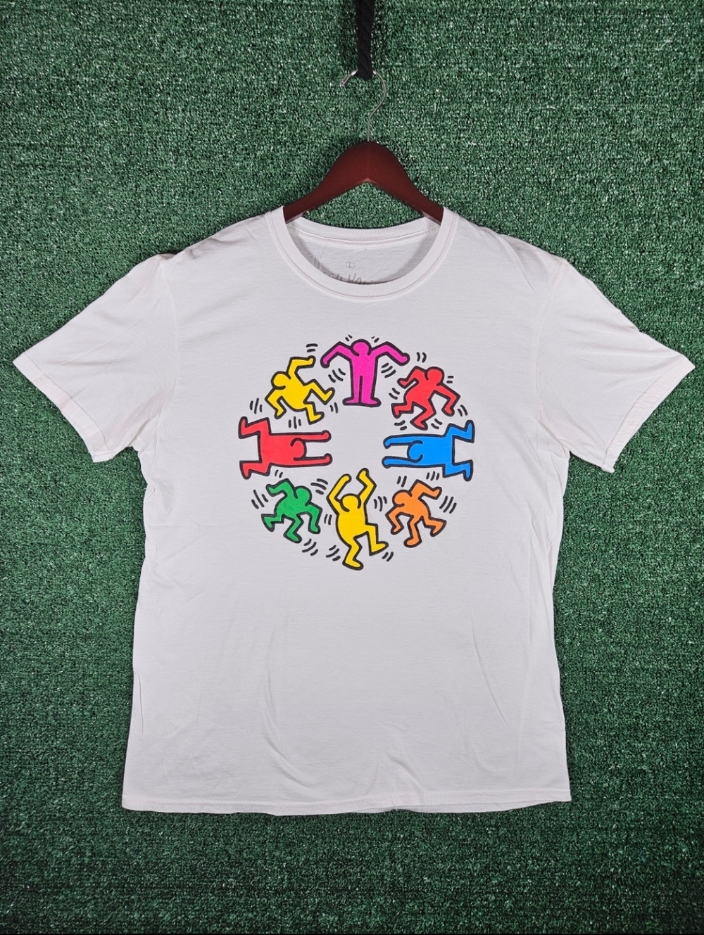 Keith Haring White Graphic Tee with Colorful Dancing Figures / Mens Size Large
